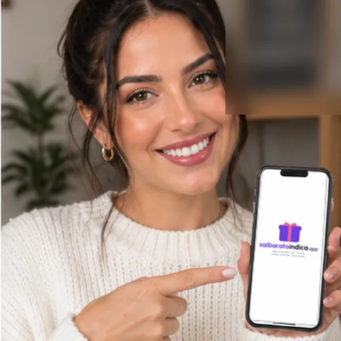A Manu sorrindo e apontando para a logo do site no celular